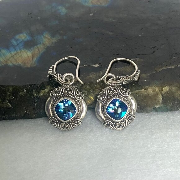 Sarda Sterling Silver 925 Mystic Quartz Bali Scrollwork Dangle Drop Earrings - Picture 7 of 16